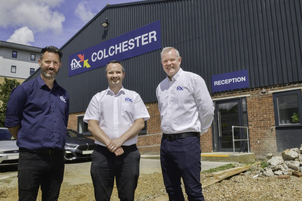 Standing proud… Fix Auto UK’s Operations Director Mark Hutchins (right) with Directors Paul Shelton and Mark Bodimeade in front of the soon-to-be completed Fix Auto Colchester addition to the Fix Auto UK. The new 8,750 sq ft facility compliments their existing Essex sites;s Fix Auto Chelmsford and Fix Auto Braintree.