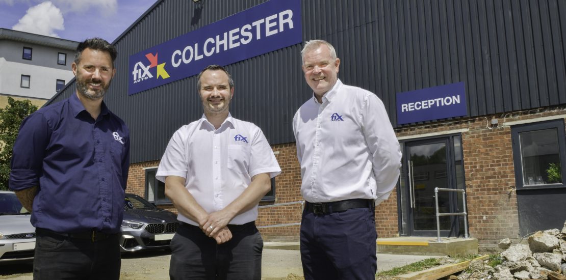 Standing proud… Fix Auto UK’s Operations Director Mark Hutchins (right) with Directors Paul Shelton and Mark Bodimeade in front of the soon-to-be completed Fix Auto Colchester addition to the Fix Auto UK. The new 8,750 sq ft facility compliments their existing Essex sites;s Fix Auto Chelmsford and Fix Auto Braintree.