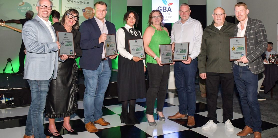 Green with envy… the 2025 NBRA Greener Awards proved another night of celebration for Fix Auto UK with several Franchise Partners receiving awards. Pictured (from left) Andy Melnick of Fix Auto Redhill, Cheryl Chung, ESG manager for Fix Auto UK, Commercial Director Rob Pugh, Louise Simms (Fix Auto Newton Abbot), Erika Woolacott (Fix Auto Mid Devon), Operations Director Mark Hutchins, Martyn Rowley of the NBRA and Kevin Shaw (Fix Auto Leicester).