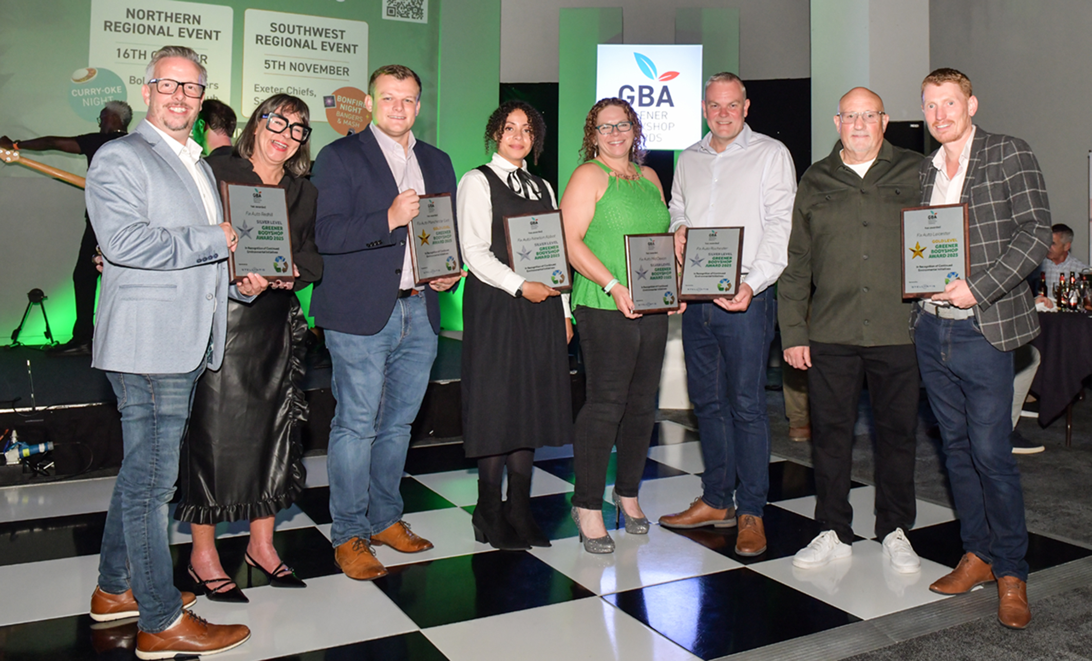 Green with envy… the 2025 NBRA Greener Awards proved another night of celebration for Fix Auto UK with several Franchise Partners receiving awards. Pictured (from left) Andy Melnick of Fix Auto Redhill, Cheryl Chung, ESG manager for Fix Auto UK, Commercial Director Rob Pugh, Louise Simms (Fix Auto Newton Abbot), Erika Woolacott (Fix Auto Mid Devon), Operations Director Mark Hutchins, Martyn Rowley of the NBRA and Kevin Shaw (Fix Auto Leicester).