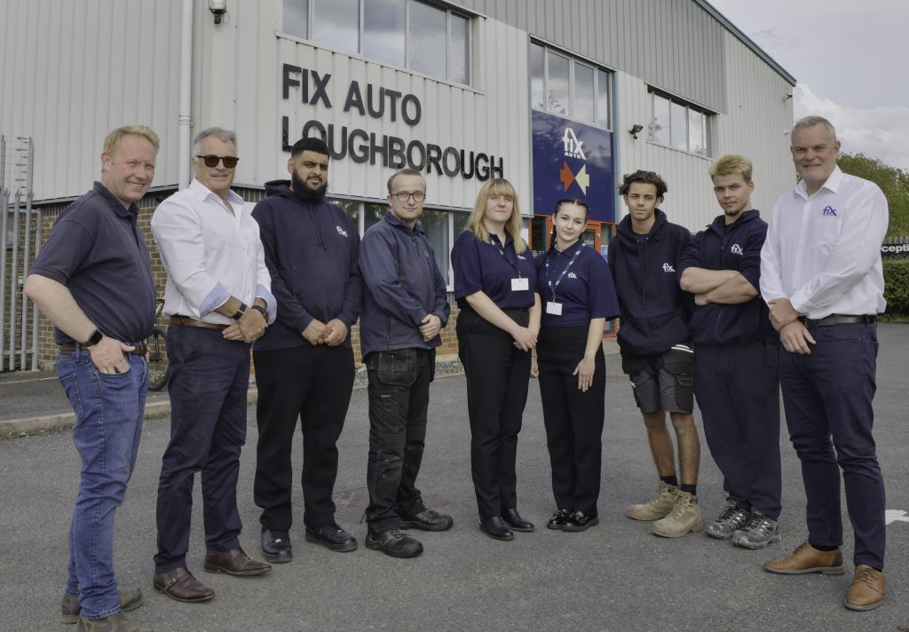 Welcome to the industry… Fix Auto UK’s Operations Director Mark Hutchins (right) joined Fix Auto Loughborough owner Paul Smith (second left) and his centre manager Terry McCarthy (left) in welcoming the six apprentices (from left) Idris Karim, Kennedy Sage, Cerys Walton, Olivia Lucas, Thomas Kyriacou and Maciek Bruch to the Fix Auto family.
