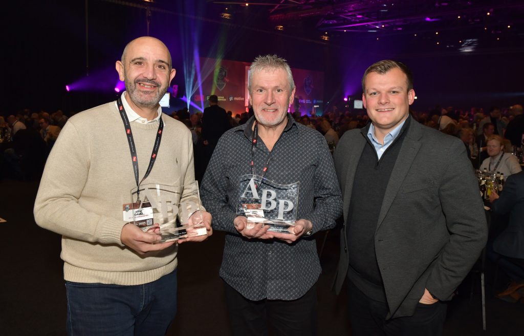 Congratulations… Fix Auto UK’s Commercial Director Rob Pugh (right) was the first to congratulate Fix Auto Weston-super-Mare’s spray painter Darren White (centre) with his ABP Apprentice Mentor of the Year award and Fix Auto Chessington’s co-owner Arnie Gauci, who collected the ABP Business Hero of the Year Award on behalf of his apprentice VDA Robert Murphy.