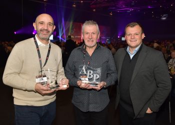 Congratulations… Fix Auto UK’s Commercial Director Rob Pugh (right) was the first to congratulate Fix Auto Weston-super-Mare’s spray painter Darren White (centre) with his ABP Apprentice Mentor of the Year award and Fix Auto Chessington’s co-owner Arnie Gauci, who collected the ABP Business Hero of the Year Award on behalf of his apprentice VDA Robert Murphy.