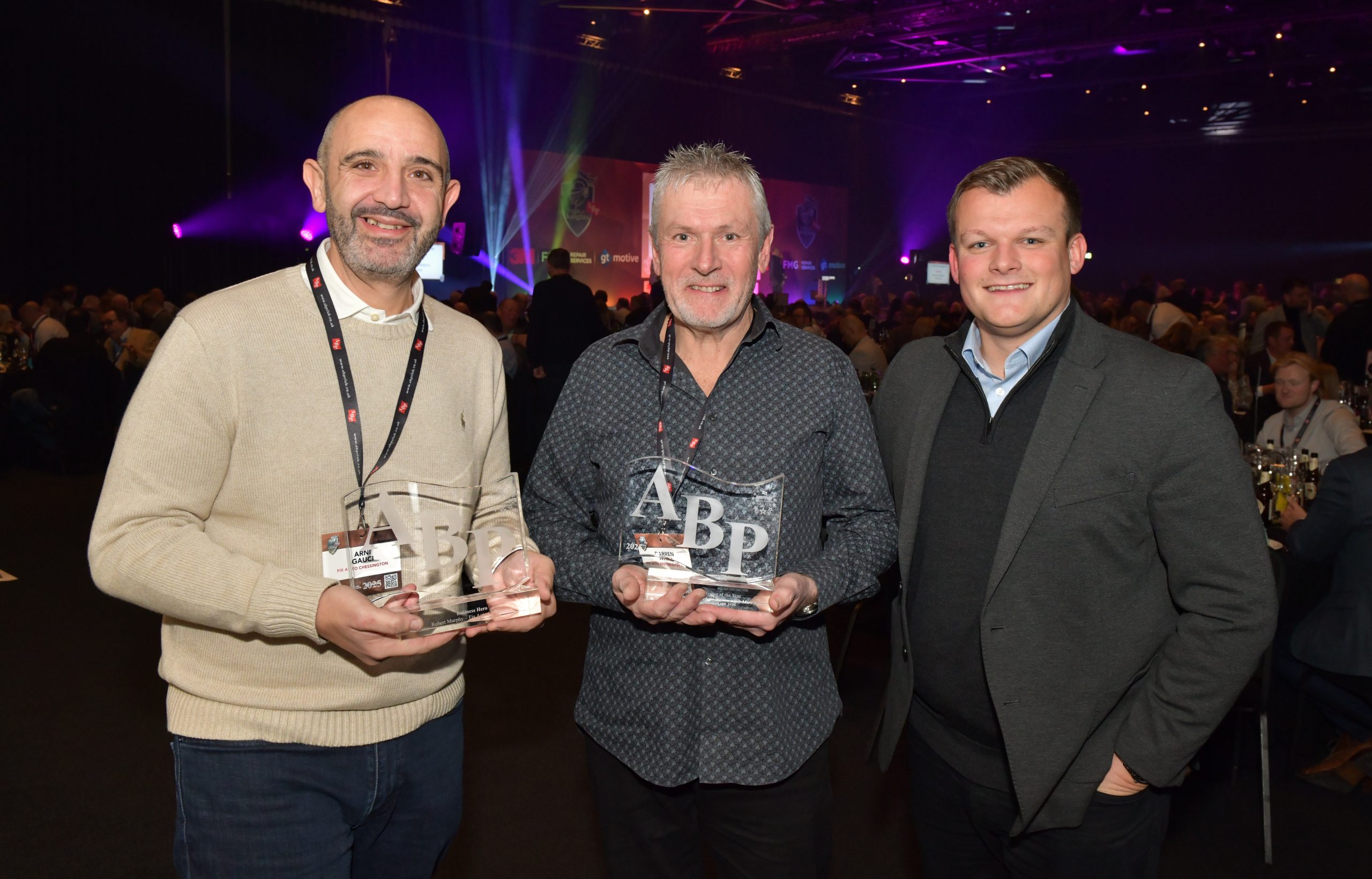 Congratulations… Fix Auto UK’s Commercial Director Rob Pugh (right) was the first to congratulate Fix Auto Weston-super-Mare’s spray painter Darren White (centre) with his ABP Apprentice Mentor of the Year award and Fix Auto Chessington’s co-owner Arnie Gauci, who collected the ABP Business Hero of the Year Award on behalf of his apprentice VDA Robert Murphy.