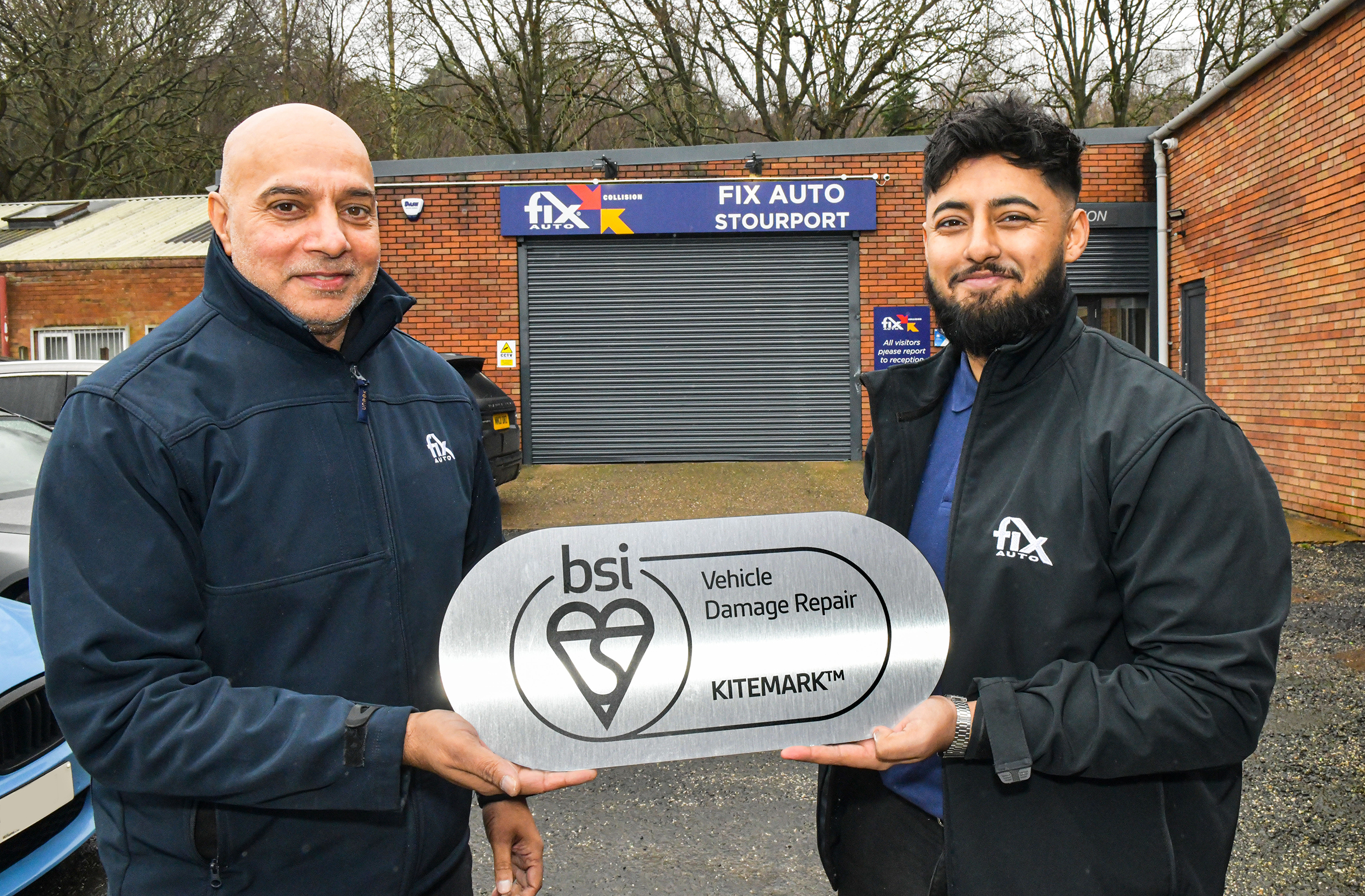 And the success continues… Fix Auto Walsall Director Humam Amin (right) and Saki Gill, Bodyshop Manager at the family’s newly bought site now rebranded as Fix Auto Stourport, celebrate sailing through their BSI 10125 audit.